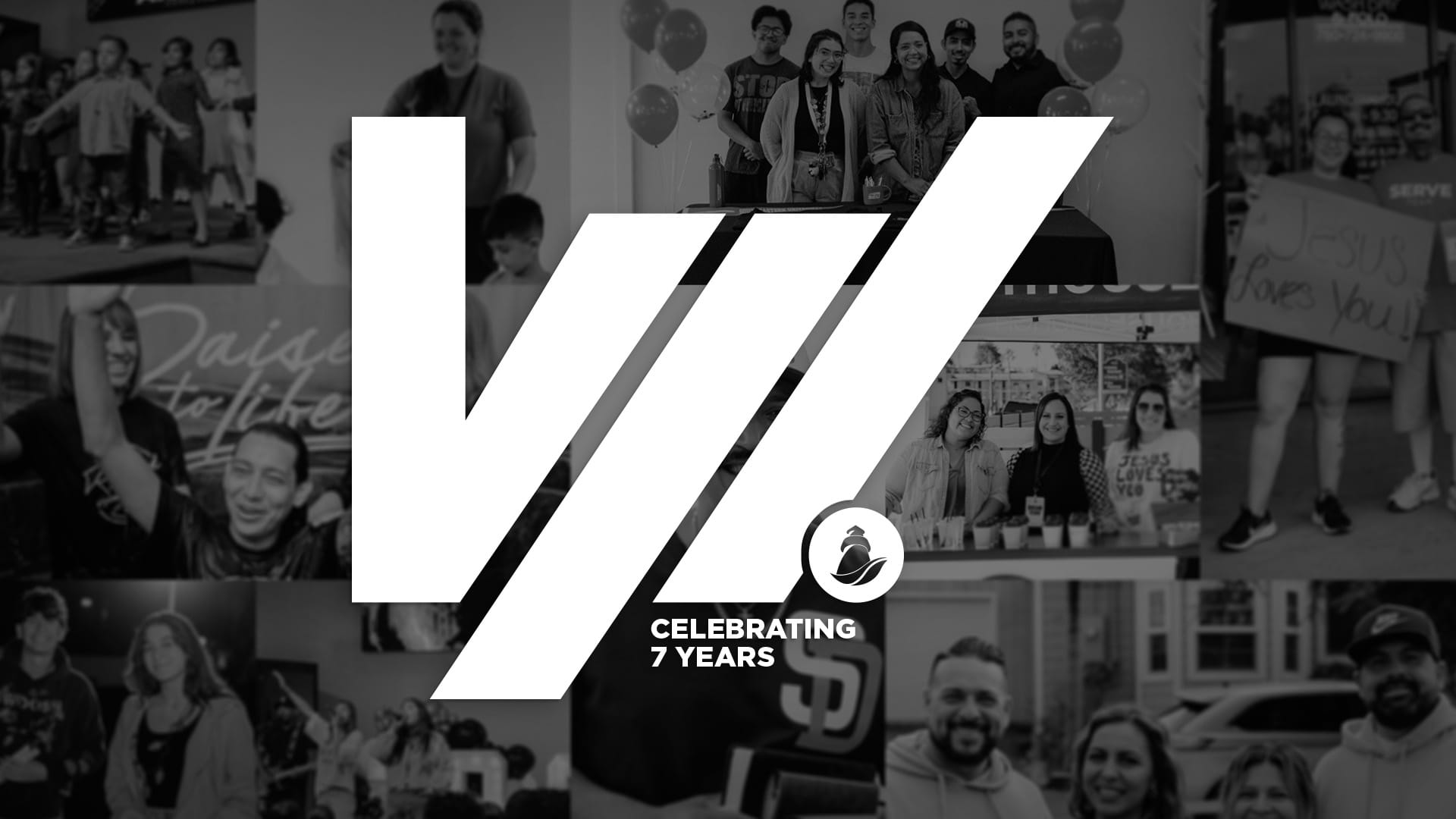 Black-and-white collage of community and church event photos with a large stylized “V7” graphic in the center and the text “Celebrating 7 Years” below, featuring a small circular church logo.